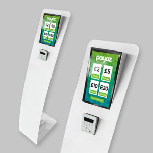 Tall white branded Payaz pay stations