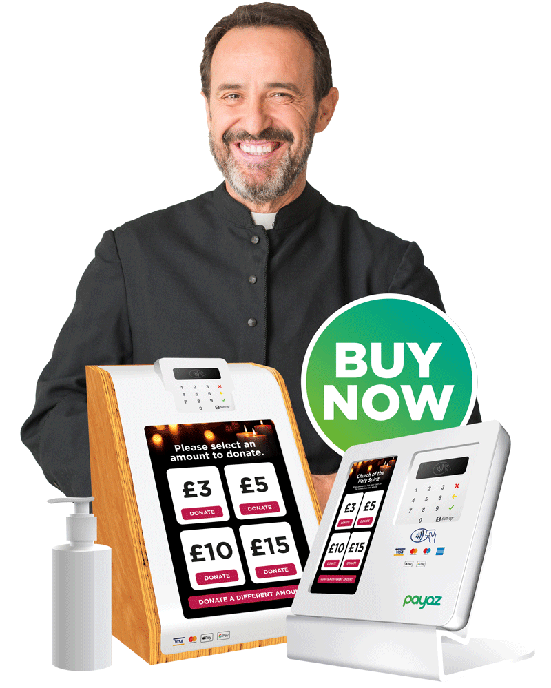 Priest happily taking a contactless donation