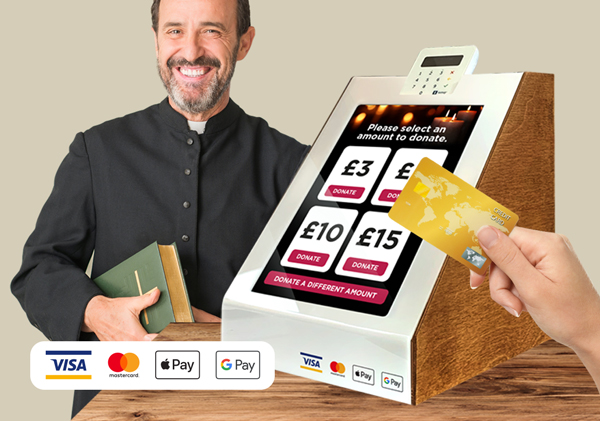 Priest happily taking a contactless donation
